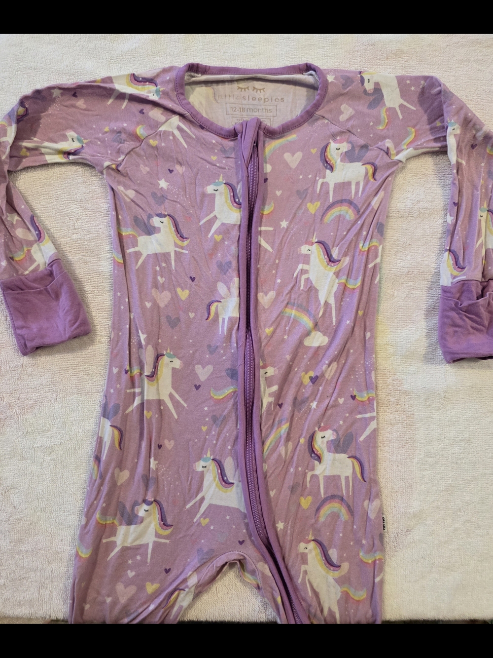 Little Sleepies Purple Unicorn Rainbow Print Bamboo Zippy 12-18mo